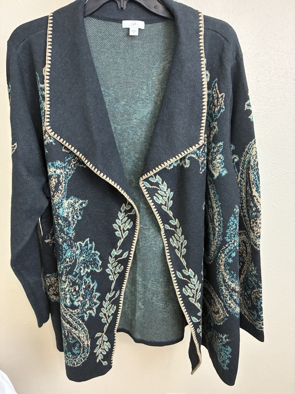 Sz 2X J Jill Embroidered Jacquard Shawl Cardigan Paisley Open Front Cotton Blend